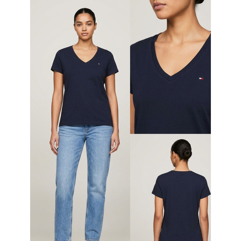 Tommy Hilfiger Navy Blue Cotton V-Neck Short Sleeve Logo Embroidered Tee XL